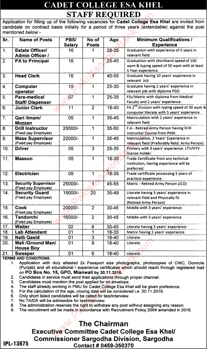 Cadet College Isakhel Jobs 2016 November Security Guards, Waiters, Mali, Naib Qasid & Others Latest