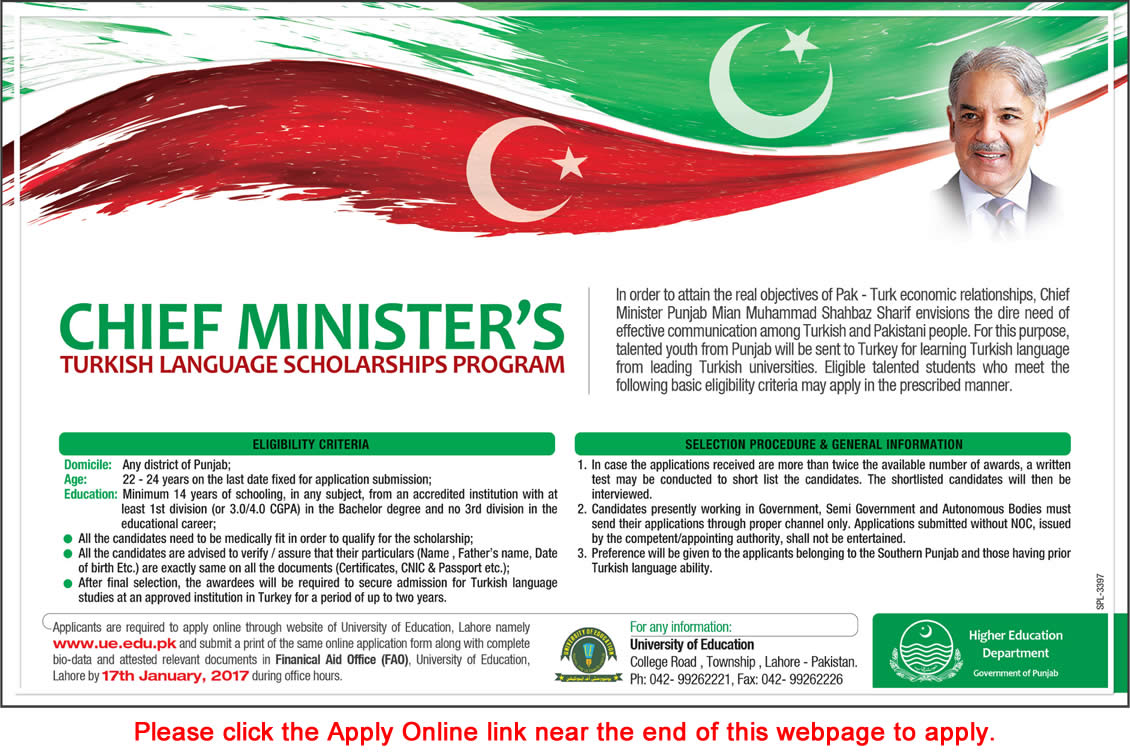 Chief Minister's Turkish Language Scholarships Program 2016 December Apply Online University of Education Latest