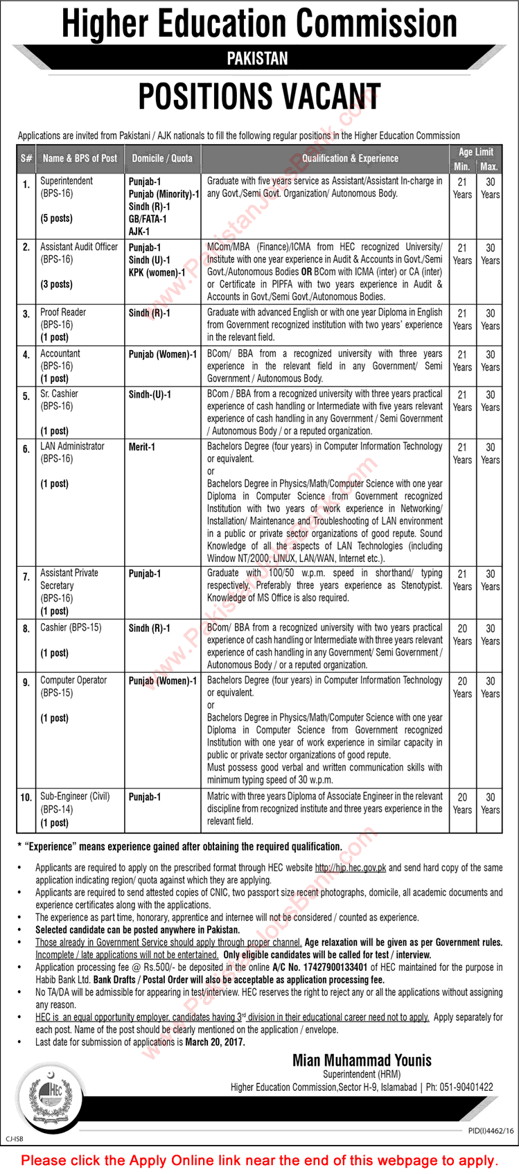 HEC Jobs February 2017 Apply Online Superintendents, Assistant Audit Officers, Cashier & Others Latest