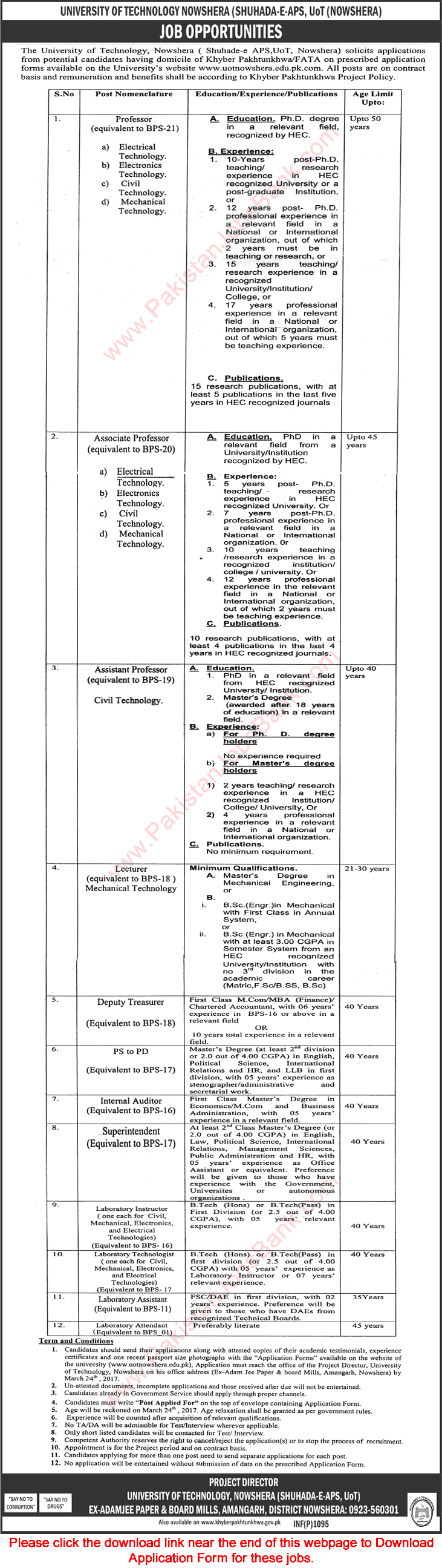 University of Technology Nowshera Jobs 2017 March Application Form Teaching Faculty, Lab Instructors & Others Latest