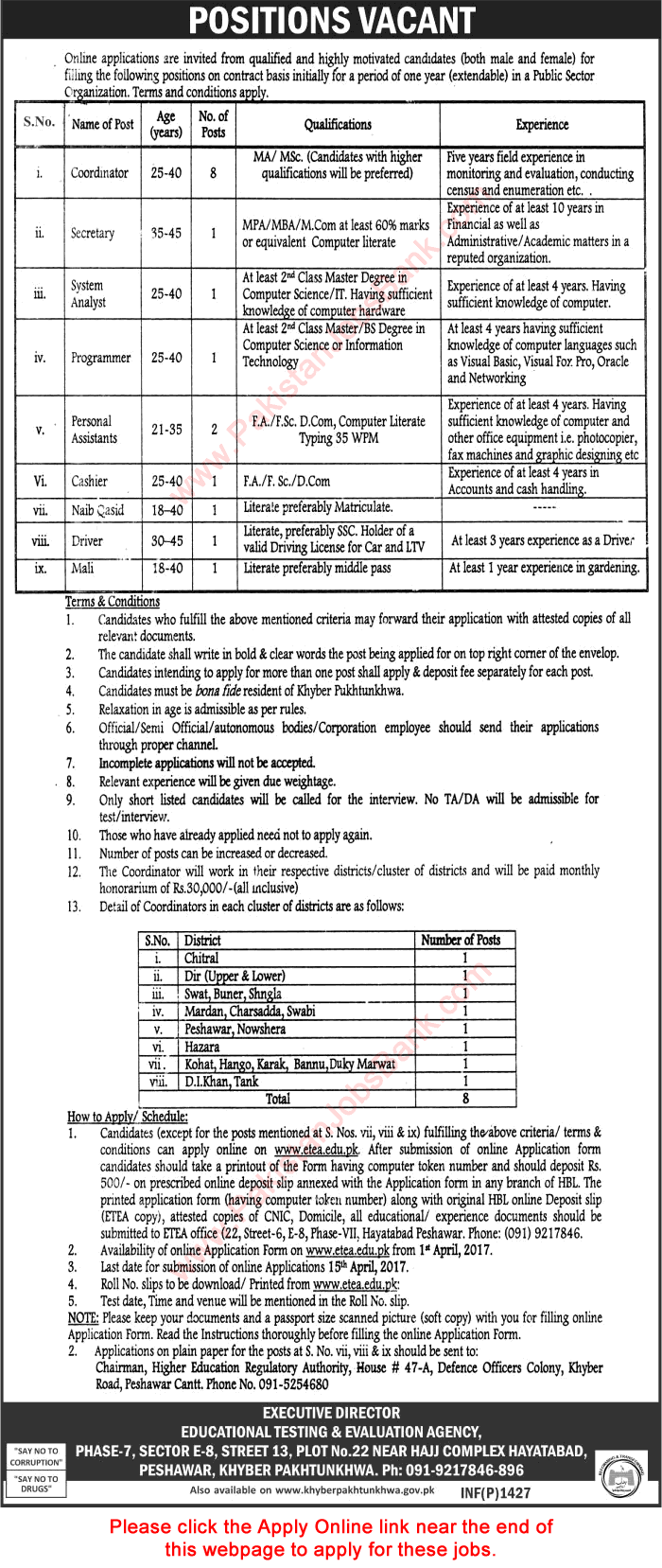 Public Sector Organization Jobs March 2017 April KPK ETEA Online Application Form Latest