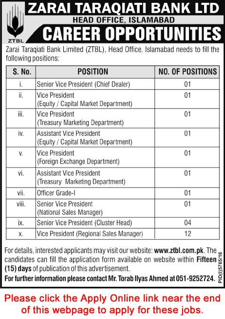 ZTBL Jobs April 2017 May Apply Online Vice Presidents & Officer Grade-I Zarai Taraqiati Bank Limited Latest