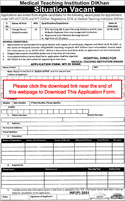 Charge Nurse Jobs in Medical Teaching Institution Dera Ismail Khan June 2018 Application Form Latest