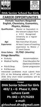 DHA Senior School for Girls Lahore Jobs June 2018 Female Teachers Latest
