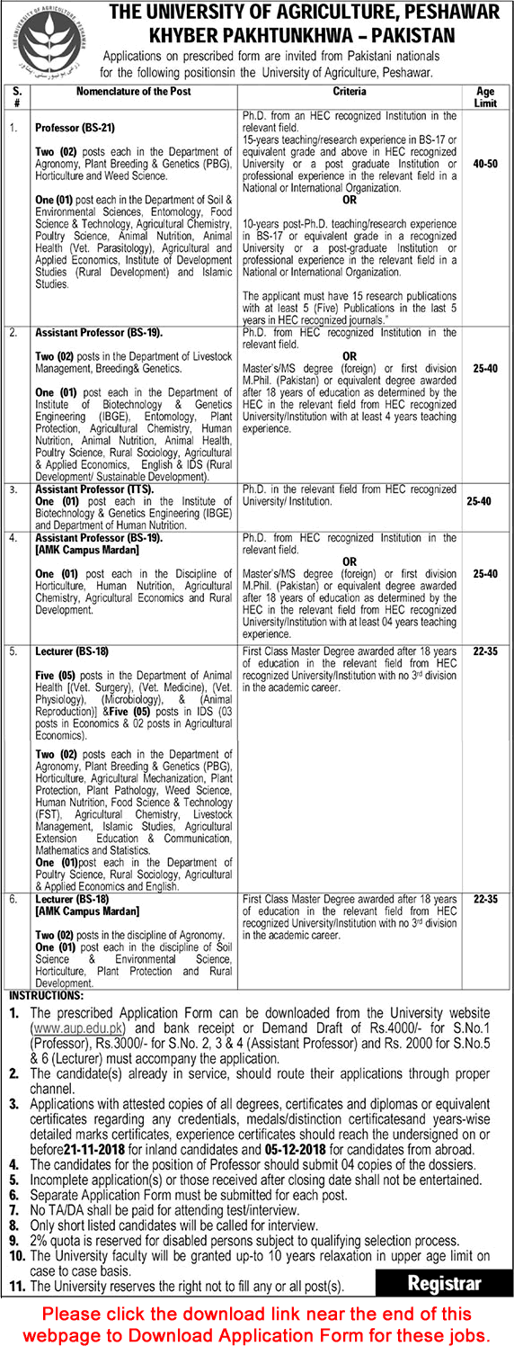 University of Agriculture Peshawar Jobs 2018 October Application Form AUP Teaching Faculty Latest