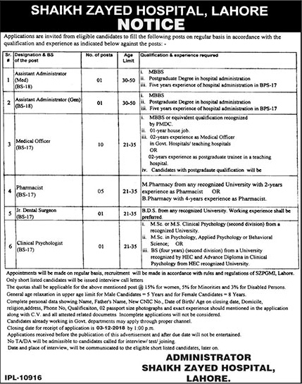 Shaikh Zayed Hospital Lahore Jobs November 2018 Medical Officers, Pharmacists & Others Latest