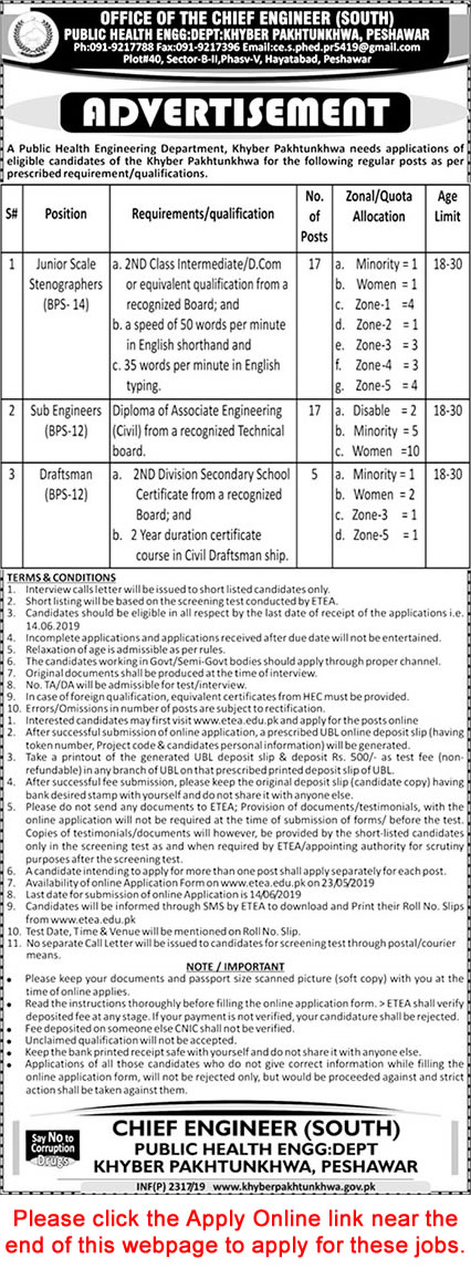 Public Health Engineering Department KPK Jobs May 2019 South ETEA Apply Online Sub Engineers, Stenographers & Draftsman Latest