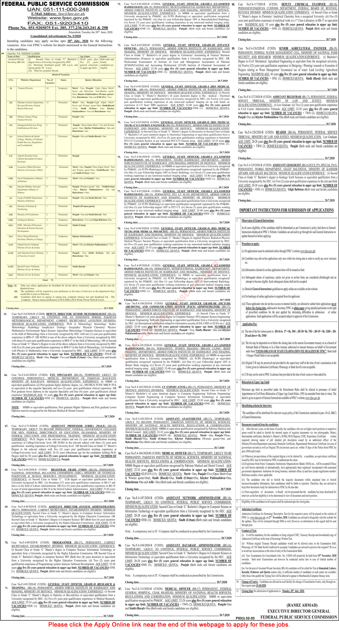 FPSC Assistant Private Secretary Jobs July 2020 Online Application Form Latest