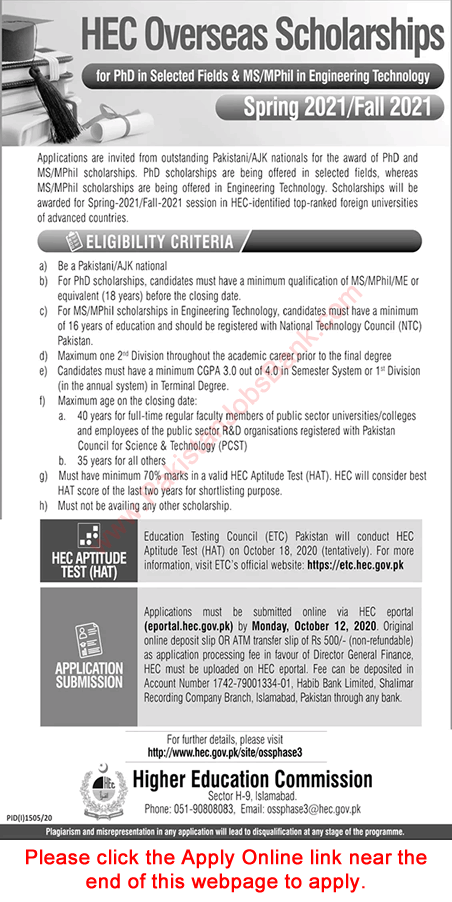 HEC Overseas Scholarships September 2020 Apply Online for PhD & MS / MPhil Programme Latest