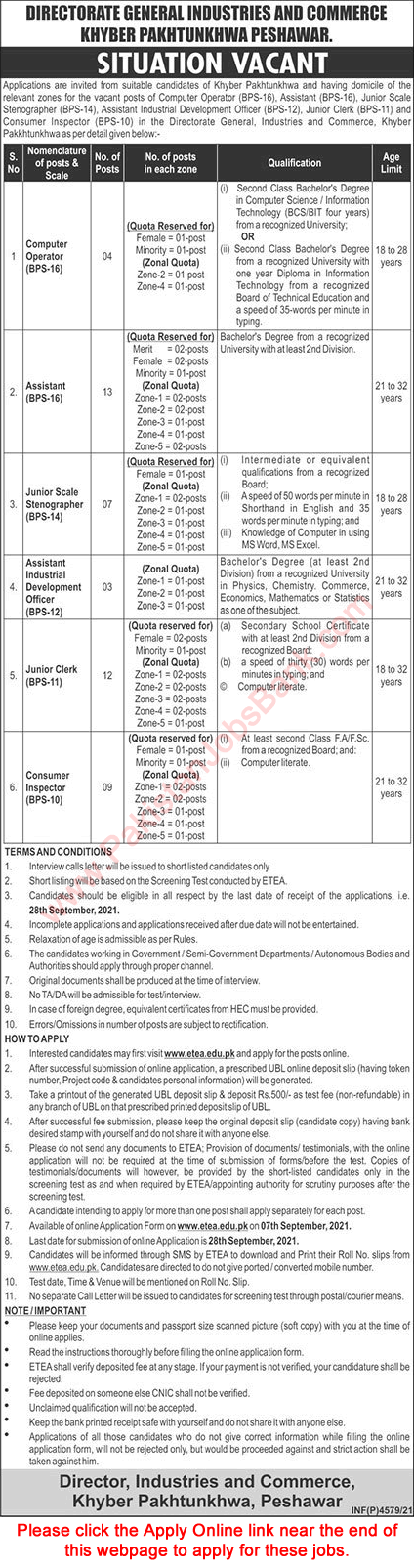 Directorate of Industries and Commerce KPK Jobs 2021 September ETEA Apply Online Latest