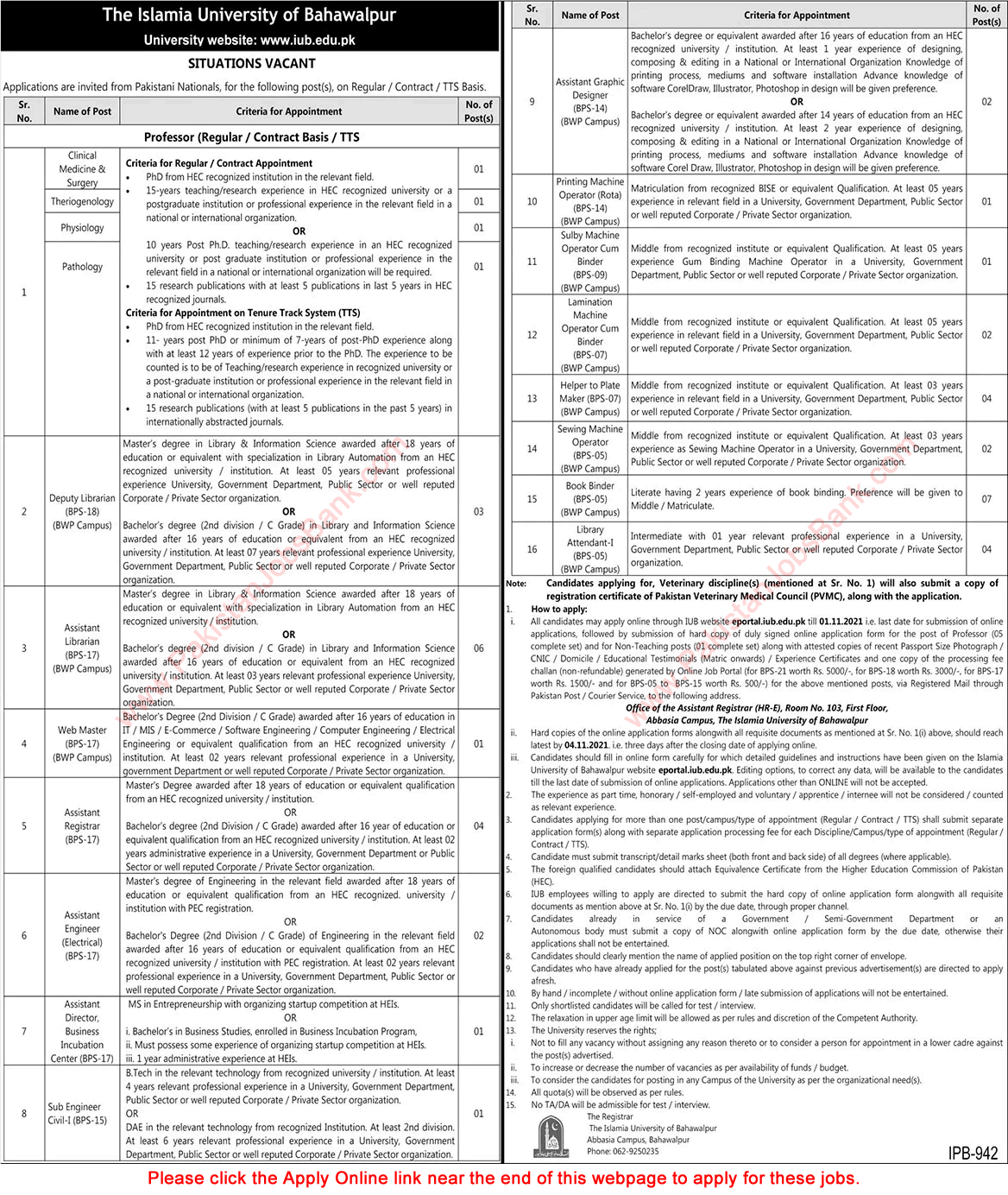 Islamia University Bahawalpur Jobs October 2021 IUB Apply Online Book Binders, Assistant Librarians & Others Latest