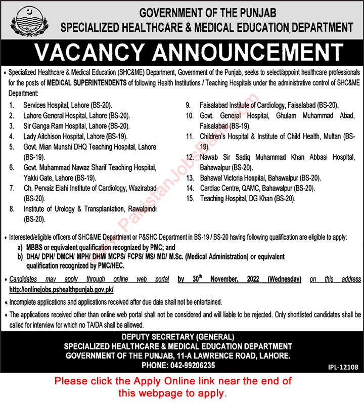 Medical Superintendent Jobs in Specialized Healthcare and Medical Education Department Punjab 2022 November Apply Online Latest