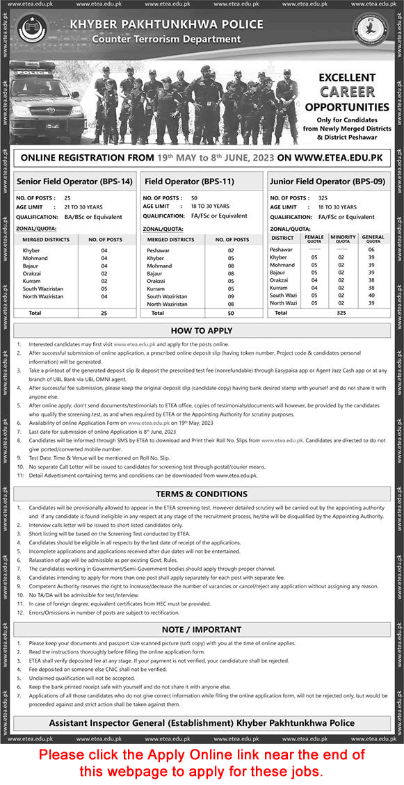 KPK Police Jobs May 2023 ETEA Online Apply Field Operators at Counter Terrorism Department CTD Latest