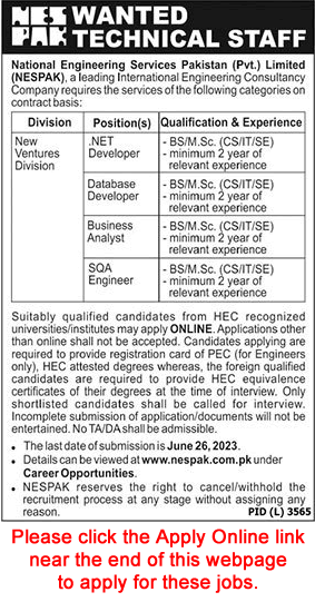 NESPAK Jobs June 2023 Apply Online National Engineering Services Pakistan Pvt Ltd Latest