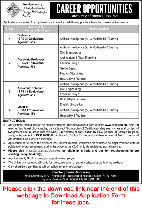 Aror University Sukkur Jobs July 2023 Application Form Teaching Faculty Latest