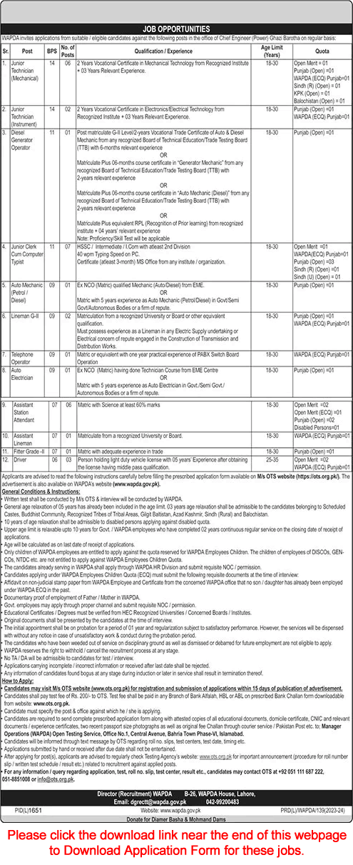 WAPDA Attock Jobs November 2023 OTS Application Form Ghazi Barotha Water and Power Development Authority Latest