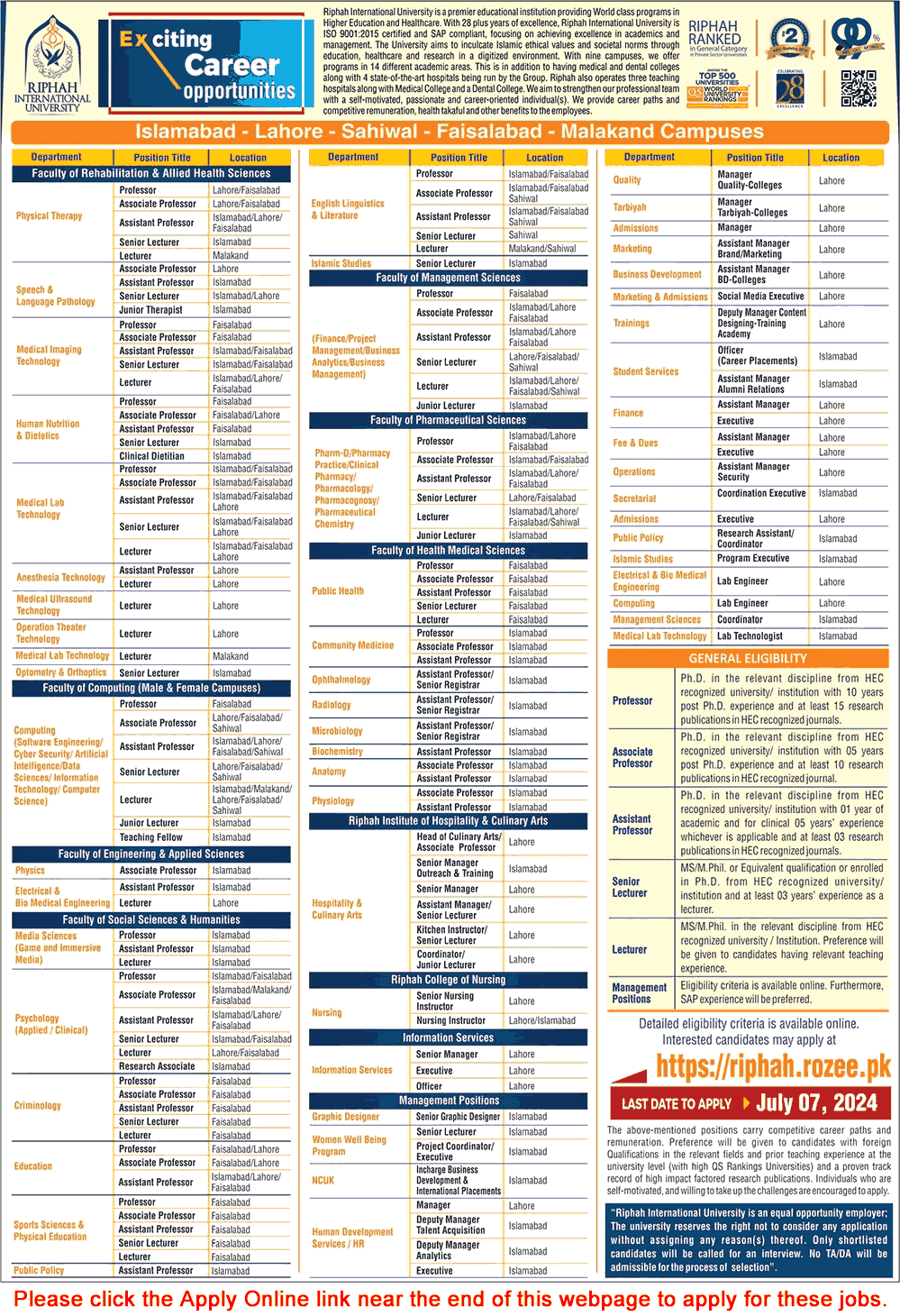 Riphah International University Jobs 2024 June Apply Online Teaching Faculty & Others RIU Latest
