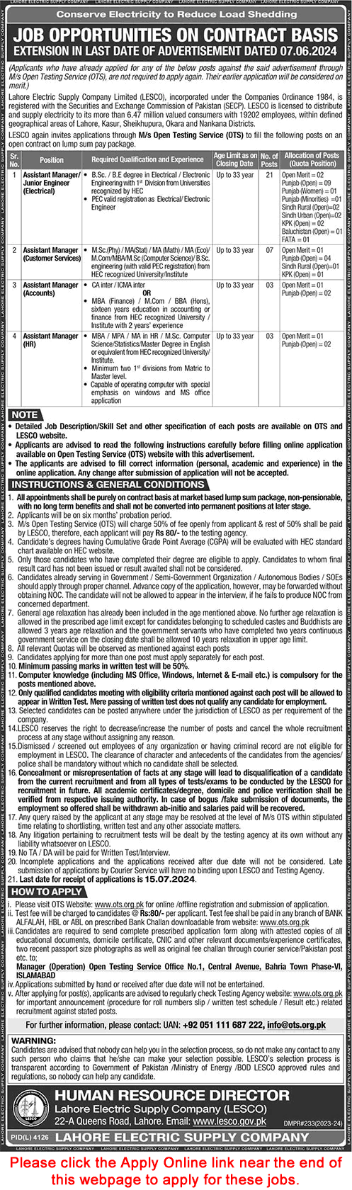 LESCO Jobs June 2024 July OTS Apply Online Junior Engineers & Others Latest