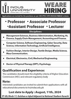 Indus University Karachi Jobs August 2024 Teaching Faculty Latest