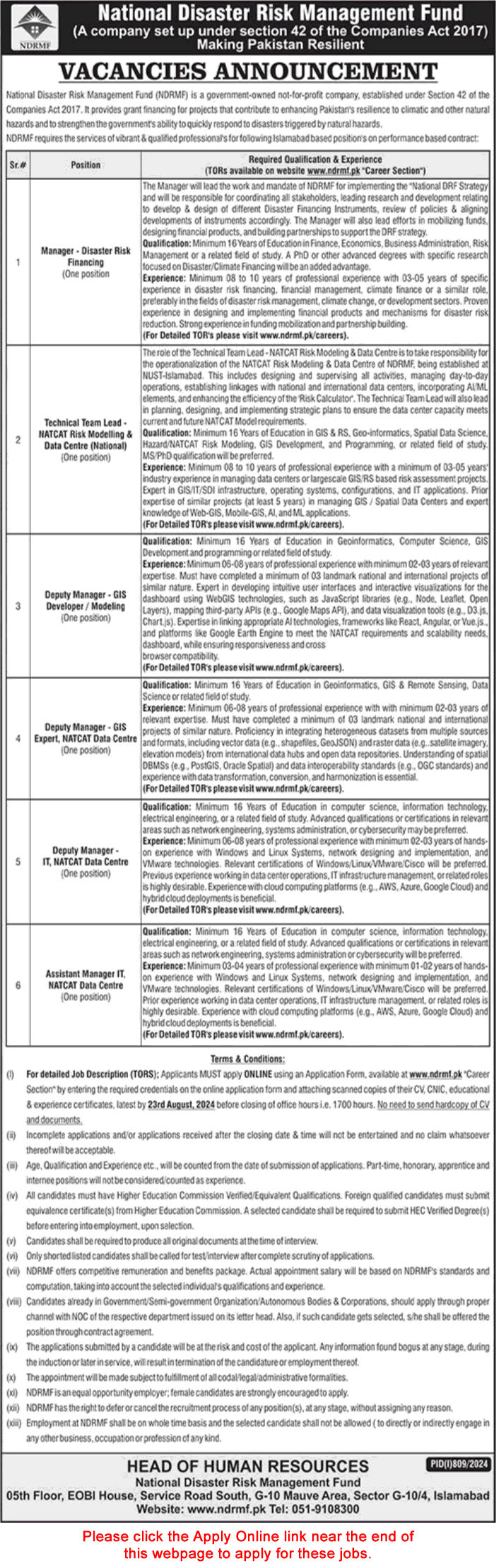 NDRMF Islamabad Jobs August 2024 Apply Online Deputy / Assistant Managers & Others Latest