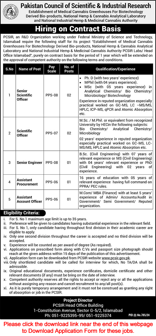 PCSIR Islamabad Jobs August 2024 Application Form Scientific Officers & Others Latest