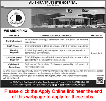 Al Shifa Trust Eye Hospital Rawalpindi Jobs August 2024 Apply Online Ophthalmic Technician & Others Latest