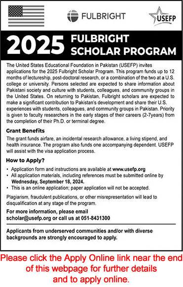 Fulbright Scholarship Pakistan 2025 Application Form for USEFP Scholars Program Latest