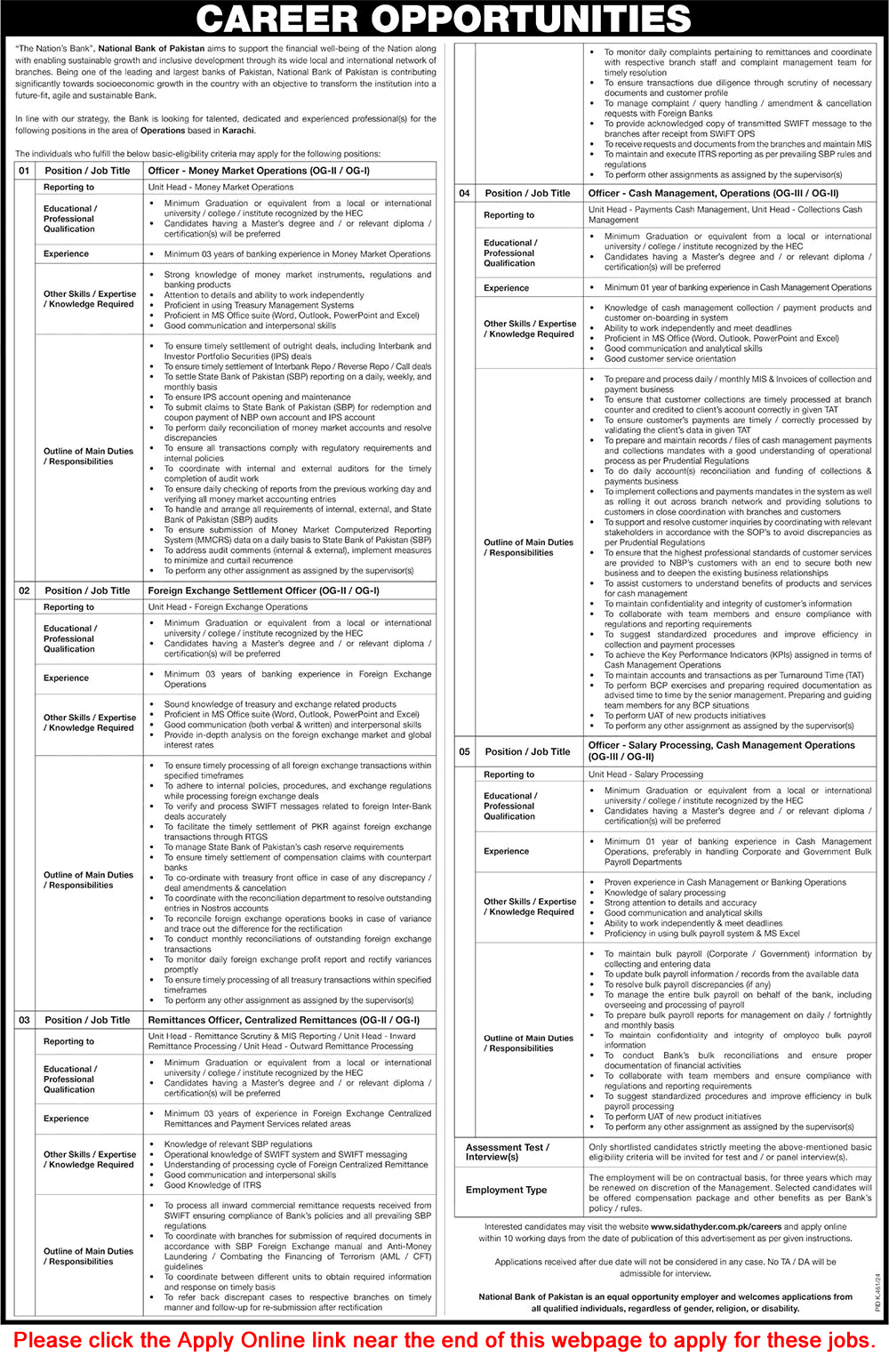 National Bank of Pakistan Jobs August 2024 Apply Online Cash Management Officer & Others Latest