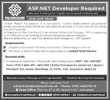 ASP.Net Developer Jobs in Pak Turk Maarif International Schools and Colleges Islamabad 2024 August Latest