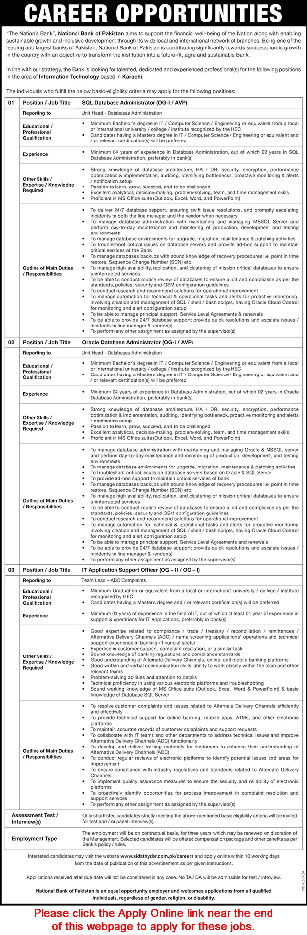National Bank of Pakistan Jobs August 2024 September Apply Online Database Administrators & Others Latest