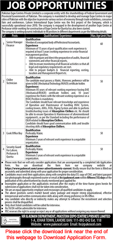 Pakistan Expo Centres Pvt Ltd Lahore Jobs 2024 August / September Application Form Latest