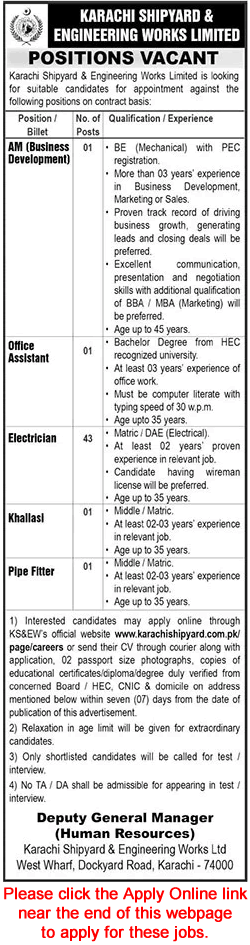 Karachi Shipyard and Engineering Works Jobs September 2024 Apply Online Electricians & Others KSEW Latest