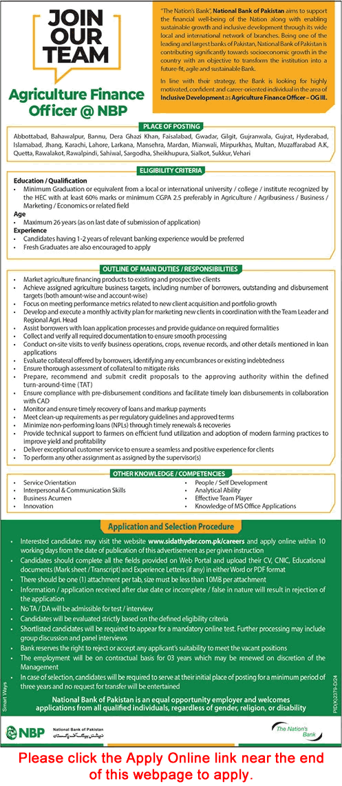 Agriculture Finance Officer Jobs in National Bank of Pakistan February 2025 Apply Online NBP Latest