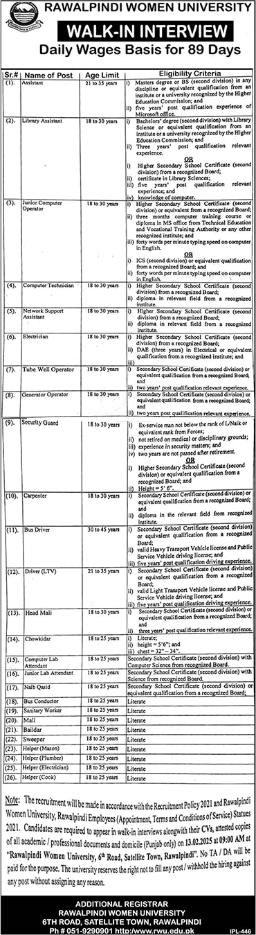 Rawalpindi Women University Jobs 2025 February Assistant, Computer Operator & Others Walk in Interview Latest