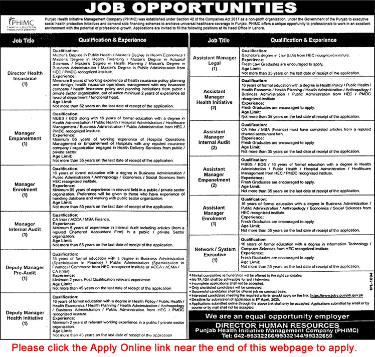 Punjab Health Initiative Management Company Jobs 2025 March Apply Online Assistant Managers & Others PHIMC Latest