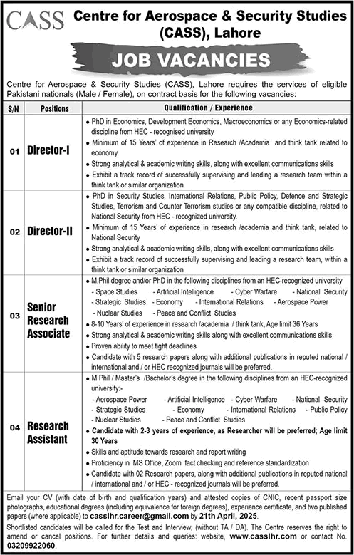Centre for Aerospace and Security Studies Lahore Jobs 2025 March / April Research Associate / Assistant & Directors CASS Latest