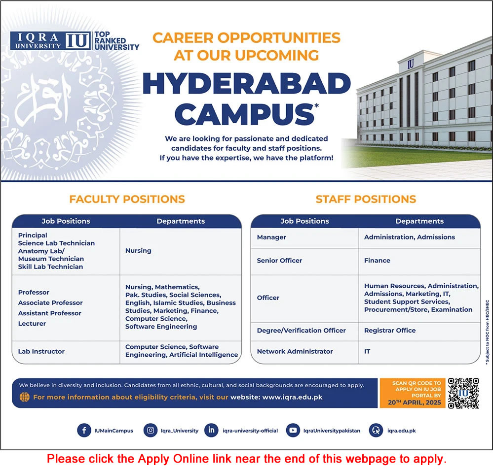Iqra University Hyderabad Campus Jobs April 2025 Apply Online Teaching Faculty & Others IU Latest