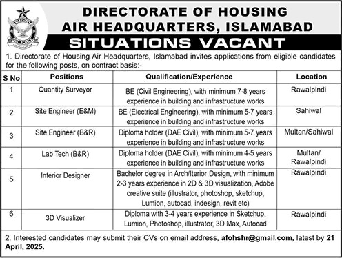 Directorate of Housing Air Headquarters Islamabad Jobs 2025 April Site Engineers, Lab Technician & Others Latest