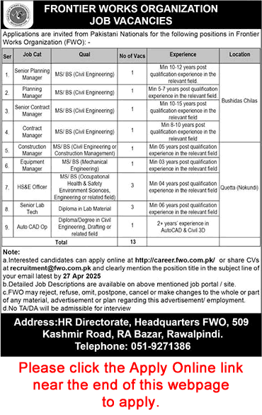 FWO Jobs April 2025 Apply Online Lab Technicians, H&SE Officers & Others Frontier Works Organization Latest