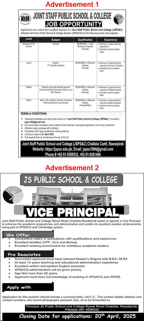 Joint Staff Public School and College Rawalpindi Jobs 2025 April Teachers & Vice Principal Latest