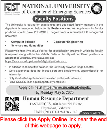 FAST National University Peshawar Jobs 2025 April Apply Online Teaching Faculty Latest