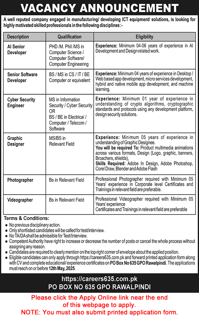 PO Box 635 GPO Rawalpindi Jobs April 2025 May Apply Online Software Developers & Others Latest
