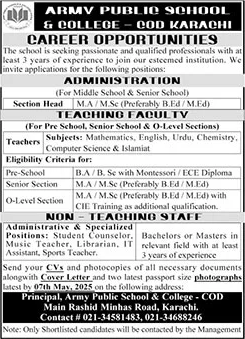 Army Public School and College COD Karachi Jobs April 2025 May Teachers & Others APS&C Latest