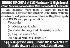 SLS Montessori and High School Islamabad Jobs 2025 April / May Teachers at Zaraj Campus Latest