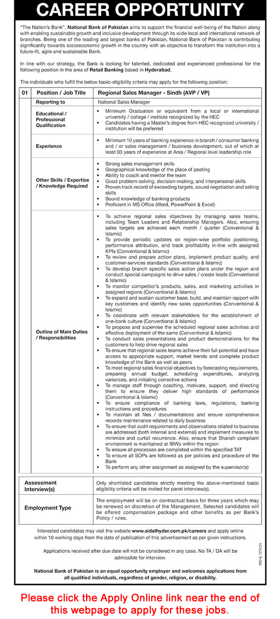 Regional Sales Manager Jobs in National Bank of Pakistan April 2025 May Apply Online Latest