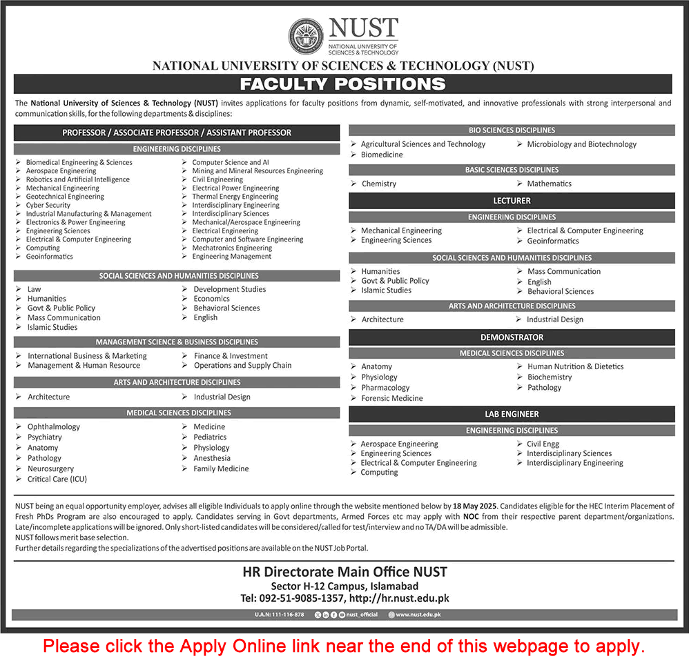 NUST University Islamabad Jobs 2025 May Apply Online Teaching Faculty & Lab Engineer Latest
