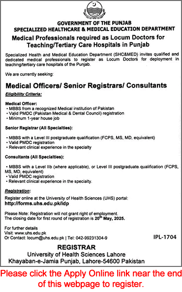 Specialized Healthcare and Medical Education Department Punjab Jobs May 2025 Apply Online Medical Officers, Senior Registrars & Consultants Latest