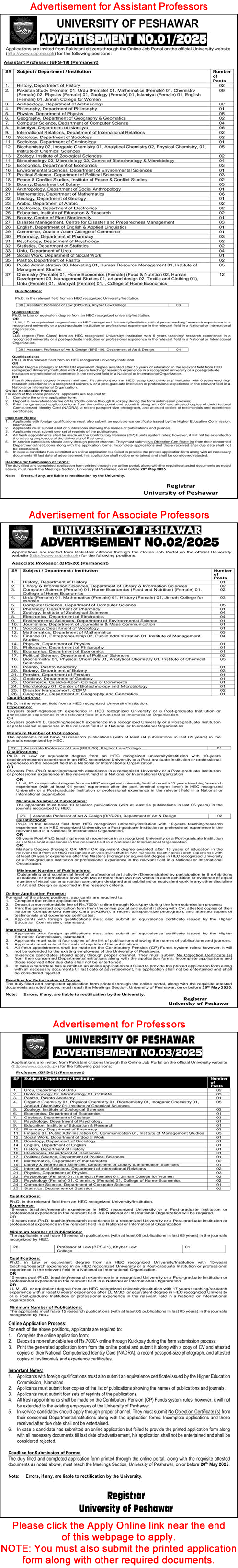 University of Peshawar Jobs 2025 May Online Application Form Teaching Faculty Latest