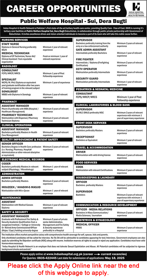 Indus Hospital Sui Jobs May 2025 Apply Online Public Welfare Hospital Dera Bugti Latest