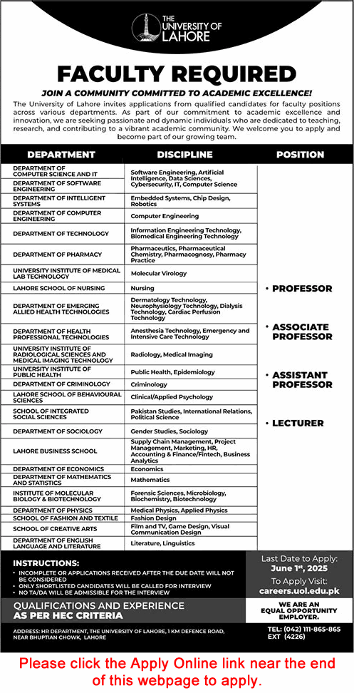 University of Lahore Jobs 2025 May Apply Online Teaching Faculty UOL Latest